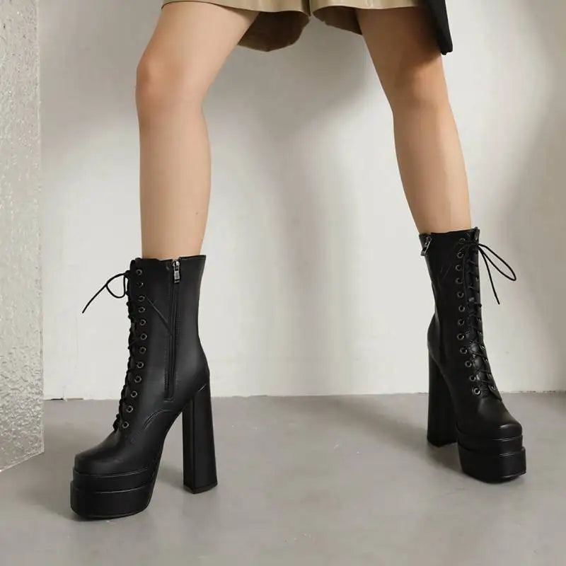 Ladies Mid Calf Boots 18cm with Square Toe, Block Heels 14cm
Double Platform 5cm, Zipper Lace Up Female Booties