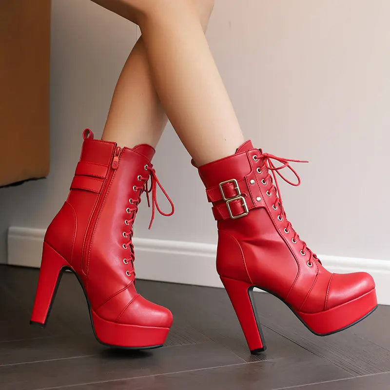 Women Boots with Round Toe, Chunky High Heels 12cm, Platform, 2.5cm Zipper
 Lace Up Belt Buckles