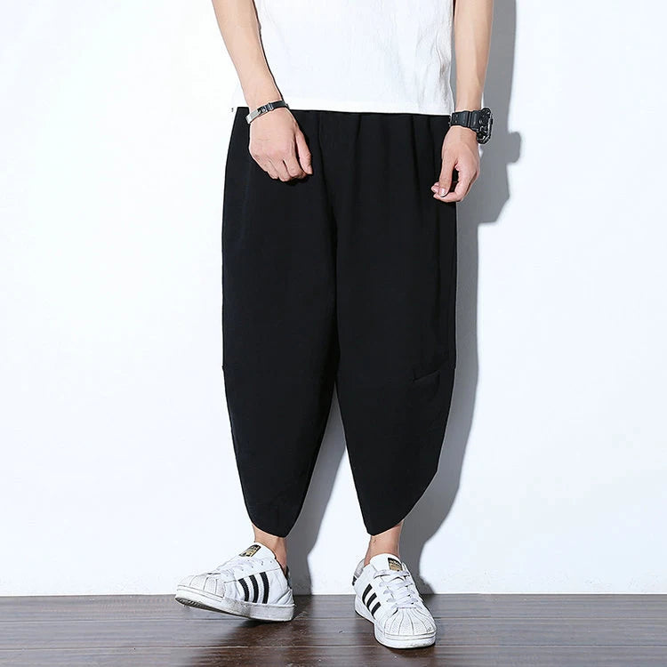 Summer Loose Calf Length Casual Pants for Men 
Wide Leg Cotton Linen Printing Baggy Pants