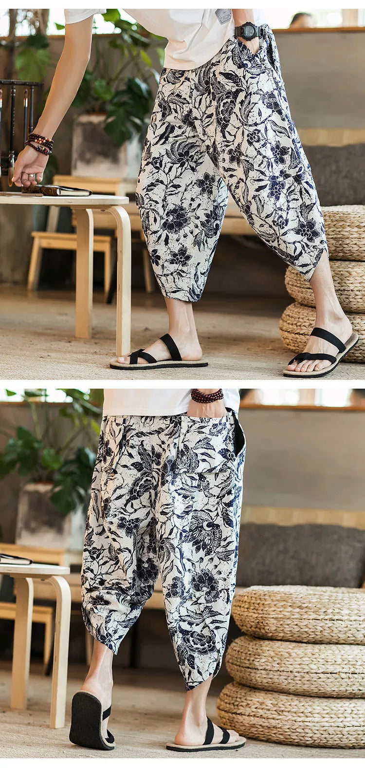 Summer Loose Calf Length Casual Pants for Men 
Wide Leg Cotton Linen Printing Baggy Pants