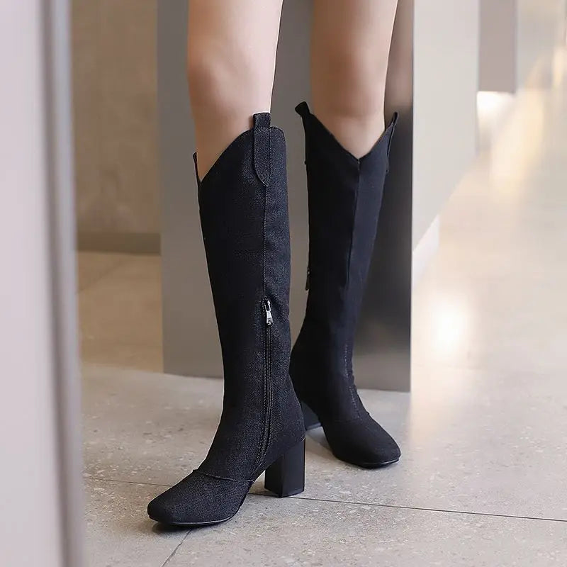 Denim Western style Knee High Boots with Square Toe, Block Heels 7cm, Zipper 
Cowboy Casual Female Booties