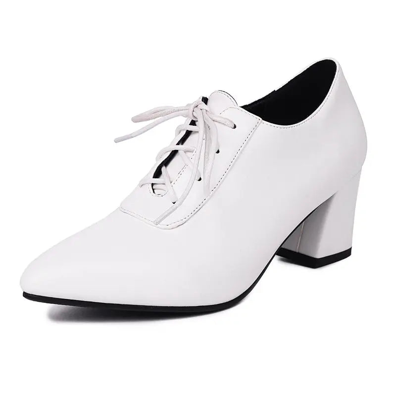 Women Pumps Pointed Toe Chunky Heels 6cm Lace Up