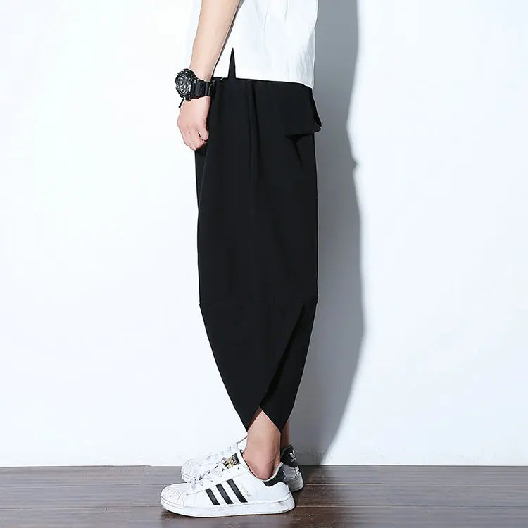 Summer Loose Calf Length Casual Pants for Men 
Wide Leg Cotton Linen Printing Baggy Pants