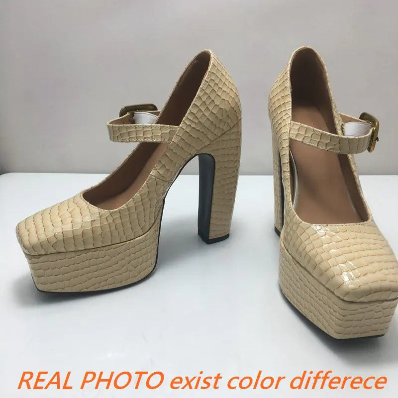 Female Pumps Square Toe Block Heel 13.5cm Platform 5cm