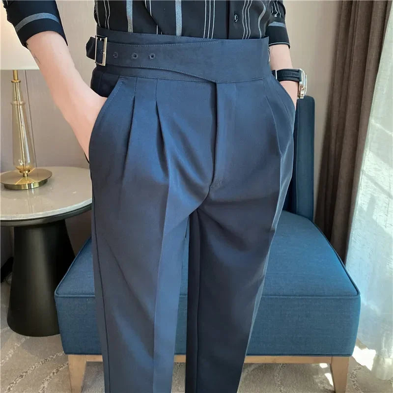 Men Dress Suit Pants, Striped Plaid British Style, High Waist Casual Belt Design 
Slim Trousers, Formal, Office, Social, Wedding, Party