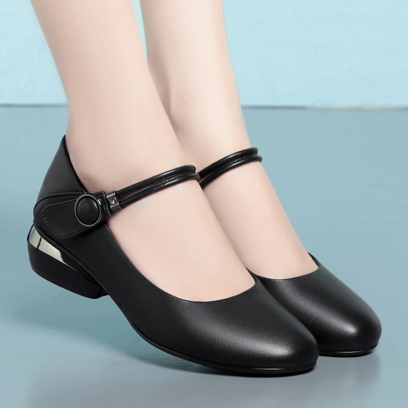 Women Shoes with Genuine Leather 
Ladies Mid-heel Shoes