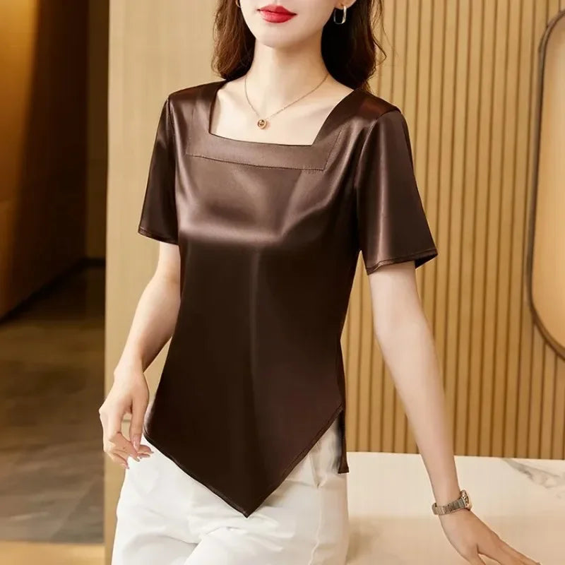 Satin Blouse with Square Collar