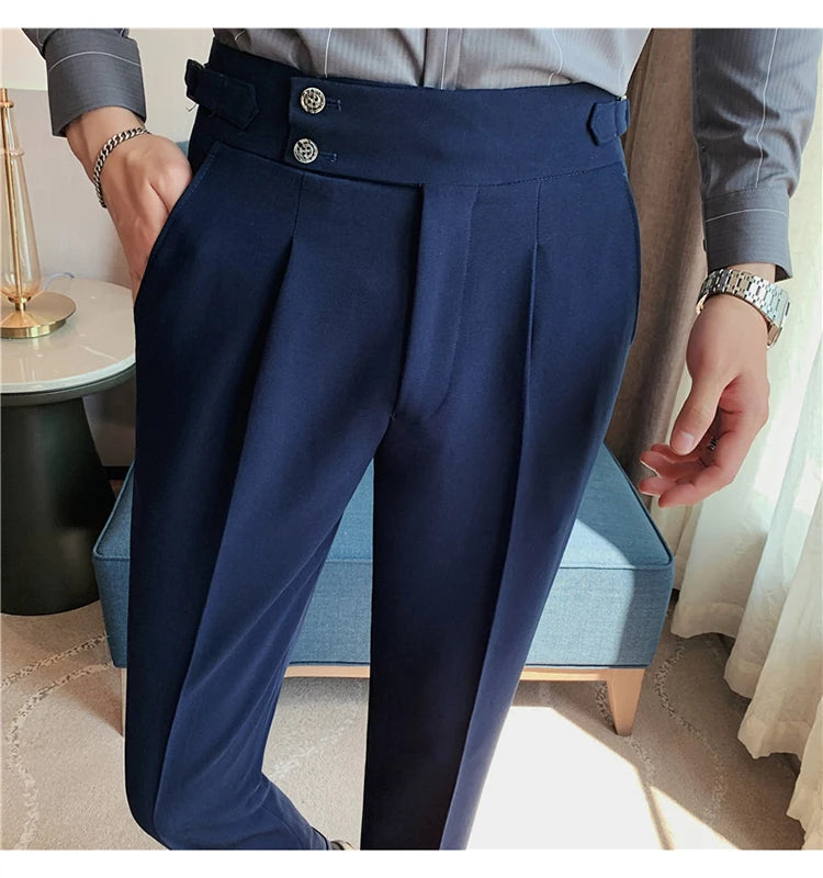 Men Dress Suit Pants, Striped Plaid British Style, High Waist Casual Belt Design 
Slim Trousers, Formal, Office, Social, Wedding, Party