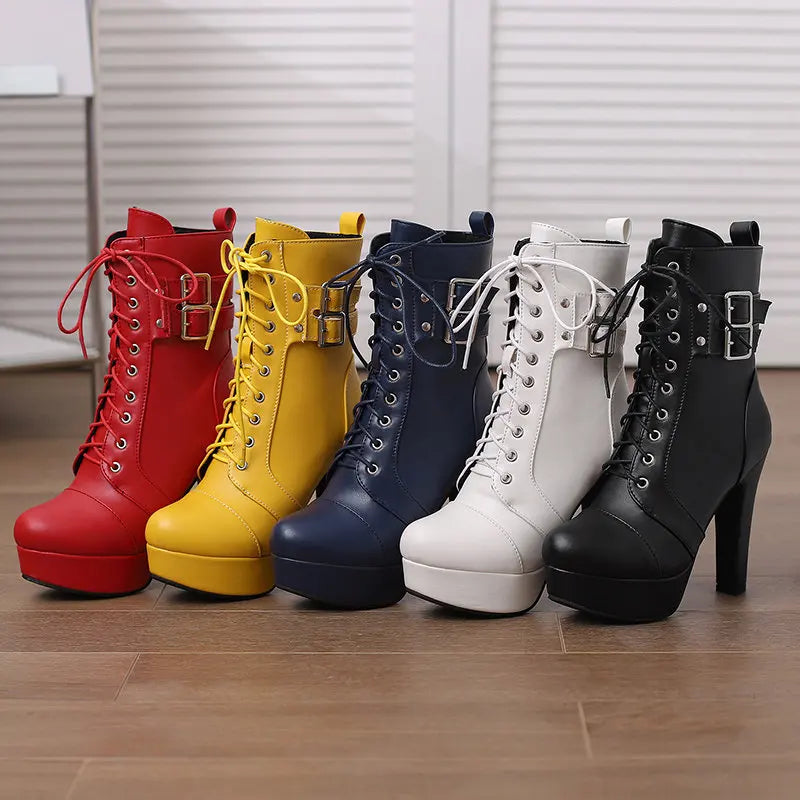 Women Boots with Round Toe, Chunky High Heels 12cm, Platform, 2.5cm Zipper
 Lace Up Belt Buckles