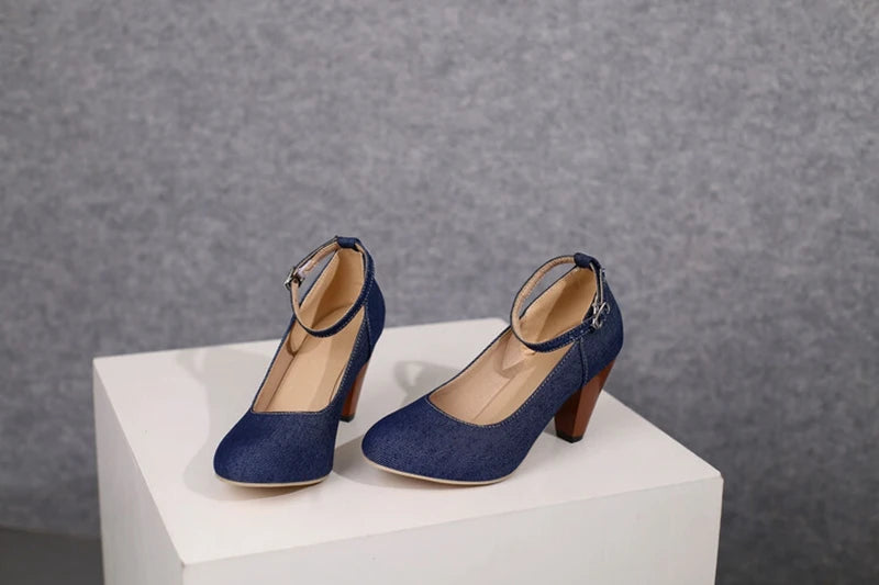 Women Pumps Pointed Toe, 7.5cm Spike Heel, Denim Fabric, Office Ankle Strap