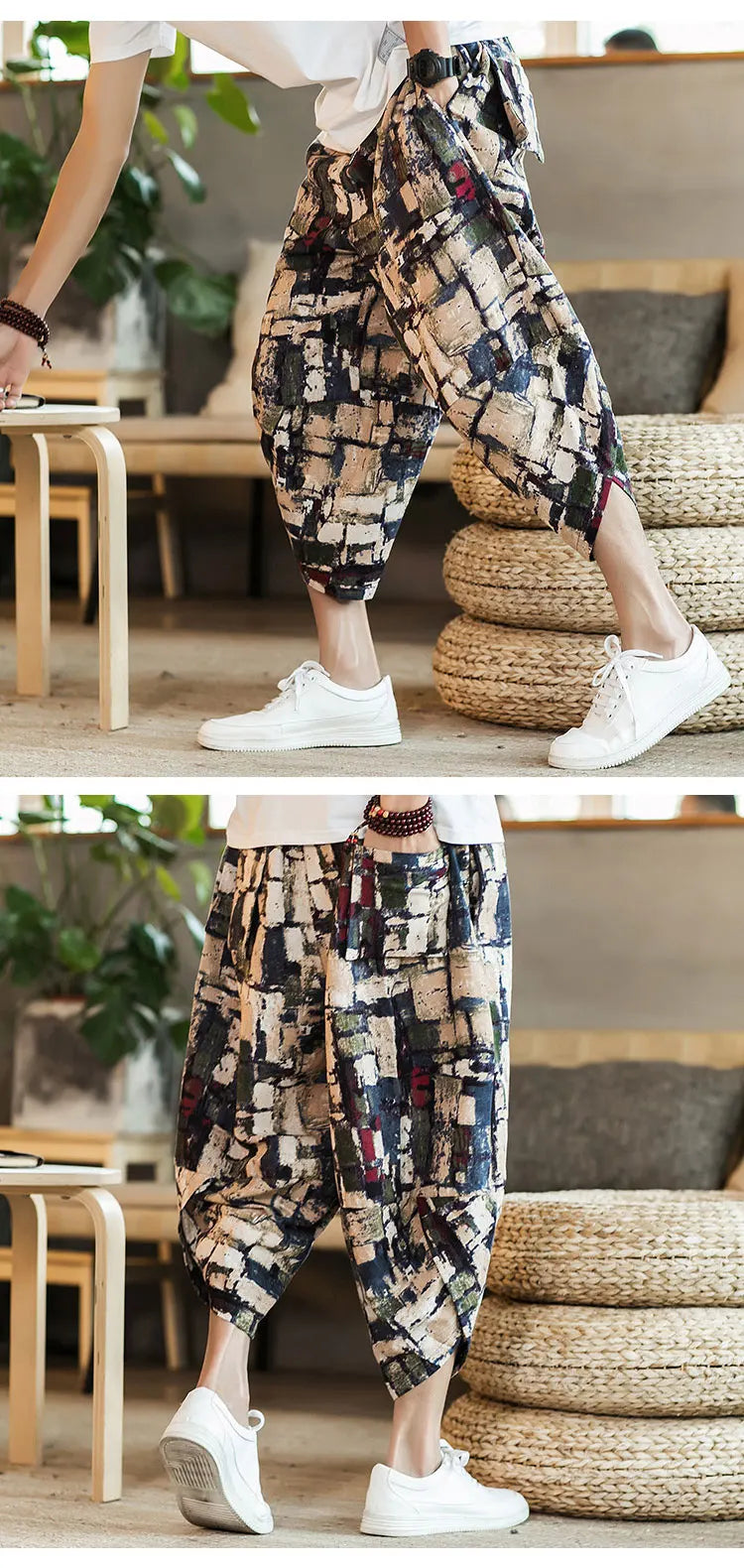 Summer Loose Calf Length Casual Pants for Men 
Wide Leg Cotton Linen Printing Baggy Pants