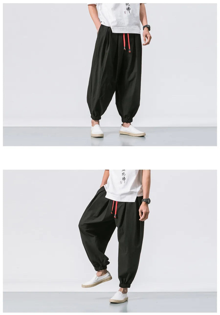 New Oversize Men Loose Harem Pants 
Autumn Linen Overweight Sweatpants