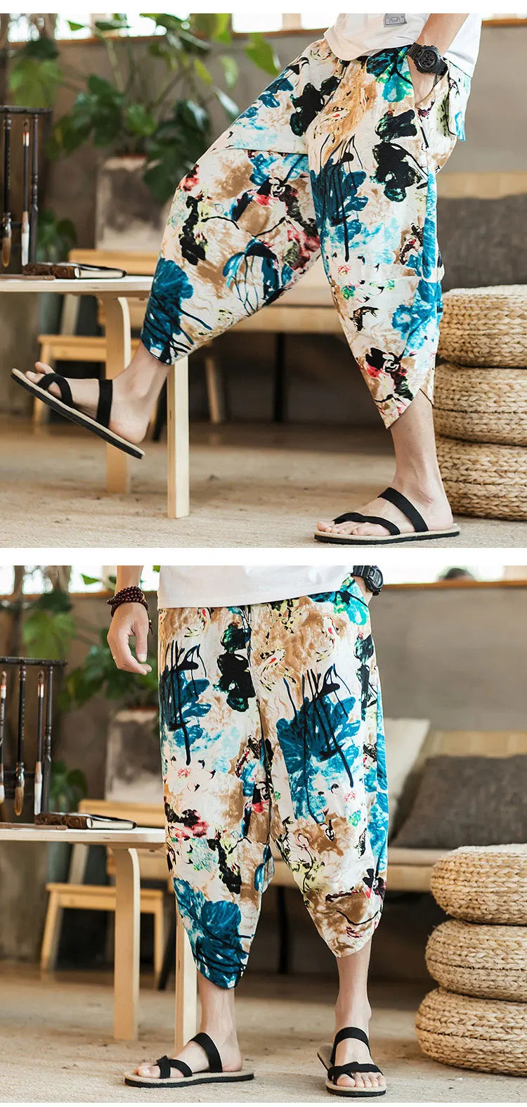 Summer Loose Calf Length Casual Pants for Men 
Wide Leg Cotton Linen Printing Baggy Pants