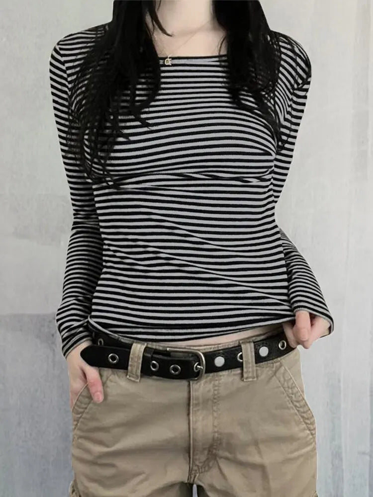 Women T-shirt Long Sleeve, Crew Neck 
Striped Fall Slim Fit Ladies Casual Tops