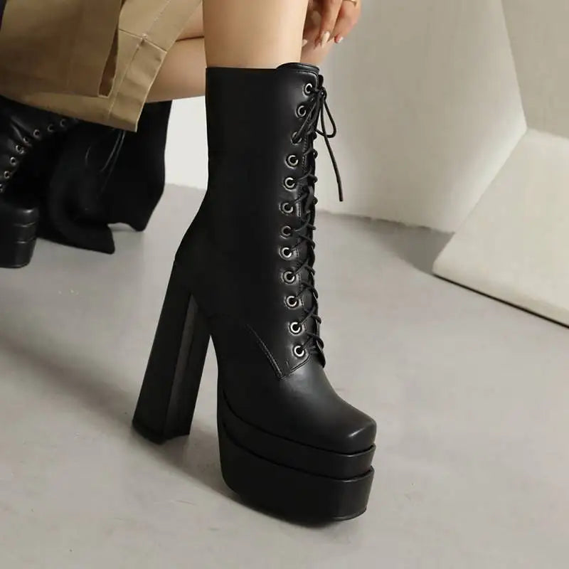 Ladies Mid Calf Boots 18cm with Square Toe, Block Heels 14cm
Double Platform 5cm, Zipper Lace Up Female Booties