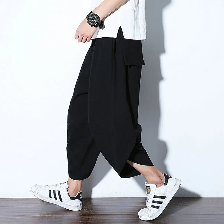 Summer Loose Calf Length Casual Pants for Men 
Wide Leg Cotton Linen Printing Baggy Pants