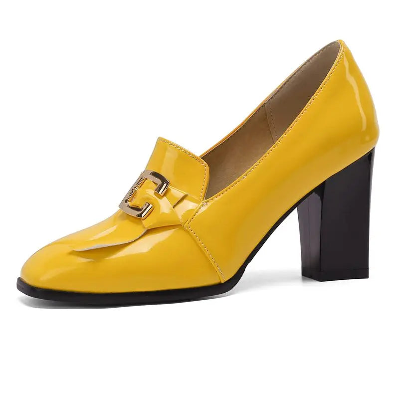 Women Pumps Square Toe, Block Heel
easy Slip-on with Shallow Metal Decoration