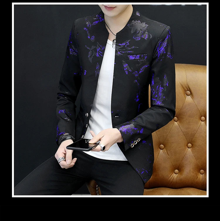 Men Printed Small Suit 
Male Self-cultivation Stand-up Collar Tunic Casual Suit