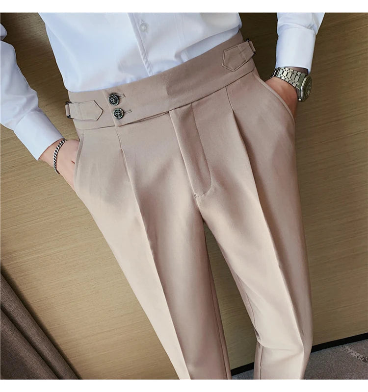 Men Dress Suit Pants, Striped Plaid British Style, High Waist Casual Belt Design 
Slim Trousers, Formal, Office, Social, Wedding, Party