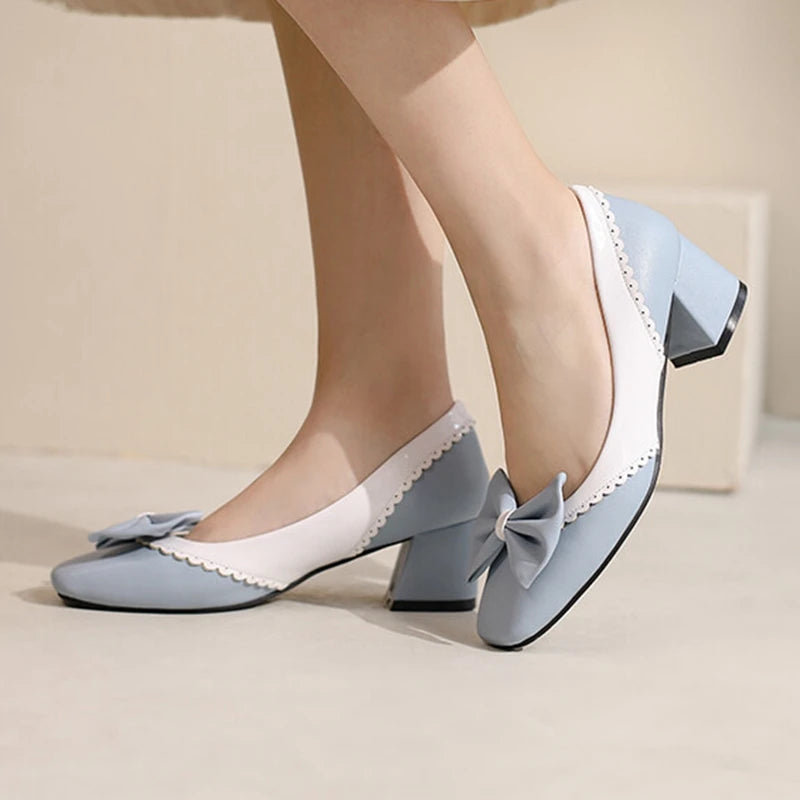 New Bright Women's Shoes Pumps Square Toe Thick Heels Slip-on