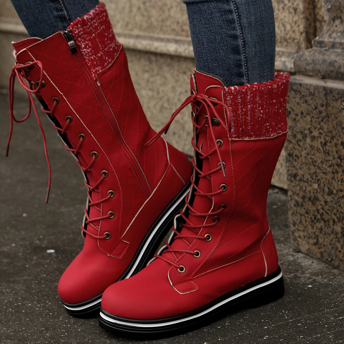 Winter Women's Plush Mid Calf Platform Boots 
New Design, Warm Snow Boots Lace Up