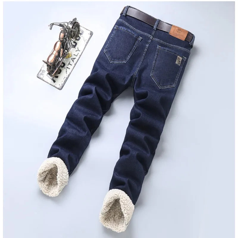 Winter Wool Velvet Men's Jeans Fleece Thickened Straight Mid-waist Business Casual Comfortable Thermal Straight Denim Trousers