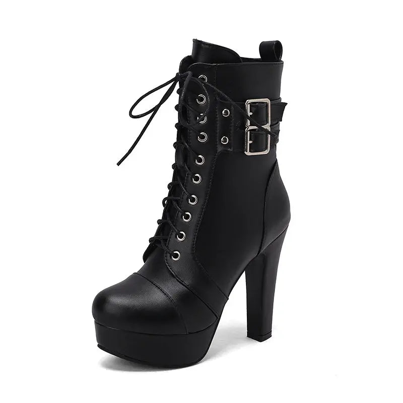 Women Boots with Round Toe, Chunky High Heels 12cm, Platform, 2.5cm Zipper
 Lace Up Belt Buckles