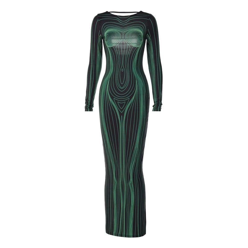 Fall Clothing For a Business Women, Sleeve Bodycon Streetwear 
Party Club Green Long Dress