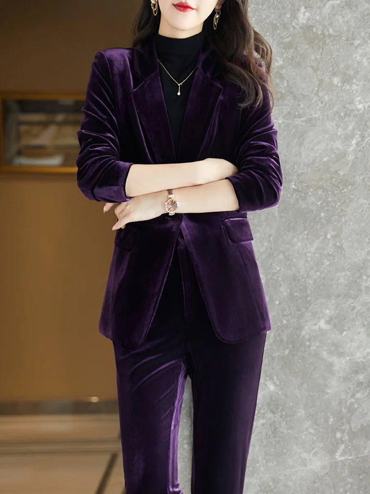 High Quality Fabric Velvet Formal Women Business Suits 
OL Styles Professional Pantsuits