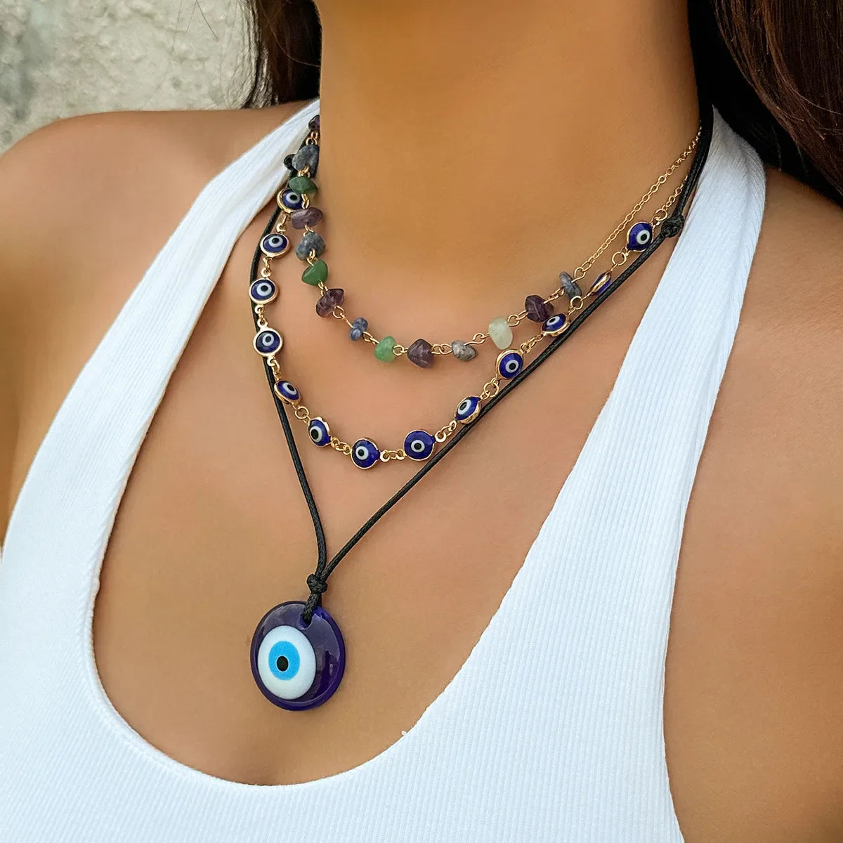 3 Pcs Boho Creative Blue Turkish Lucky Evil Eye Pendant Choker Necklace