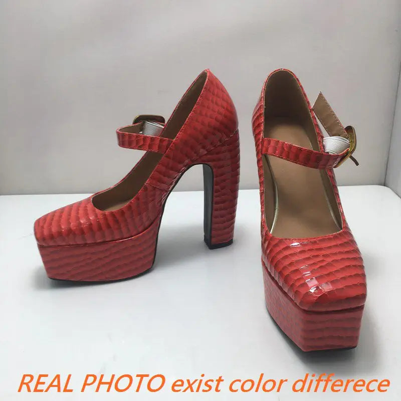 Female Pumps Square Toe Block Heel 13.5cm Platform 5cm