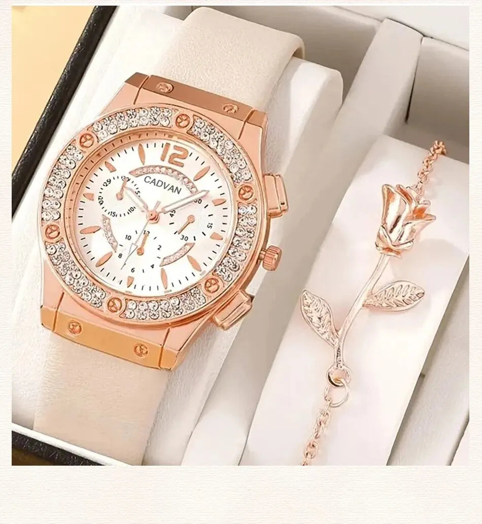 Set Luxury Rhinestone Women Fashion Elegant Wristwatch Quartz Watch