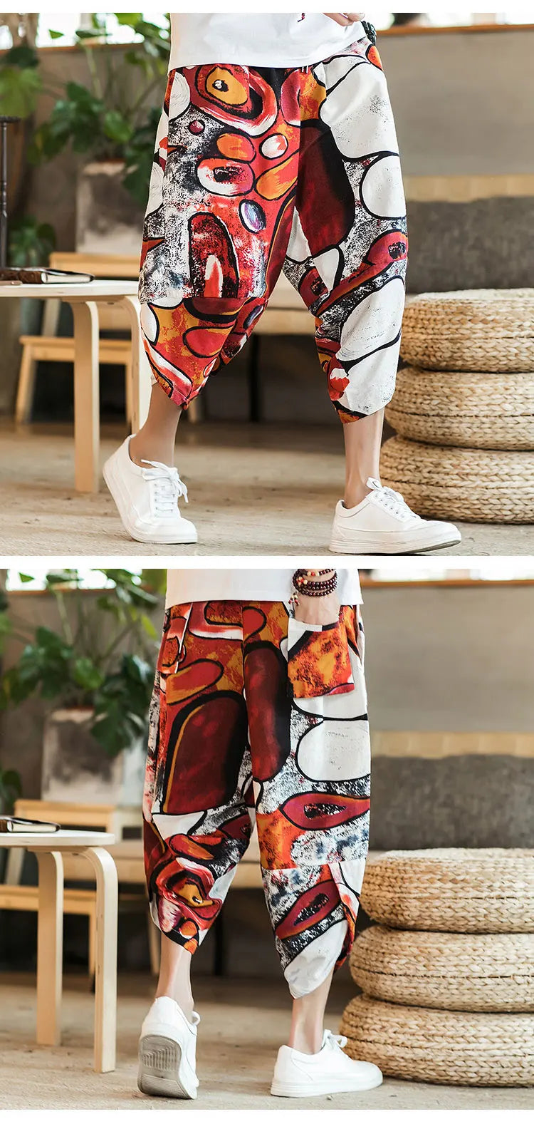 Summer Loose Calf Length Casual Pants for Men 
Wide Leg Cotton Linen Printing Baggy Pants