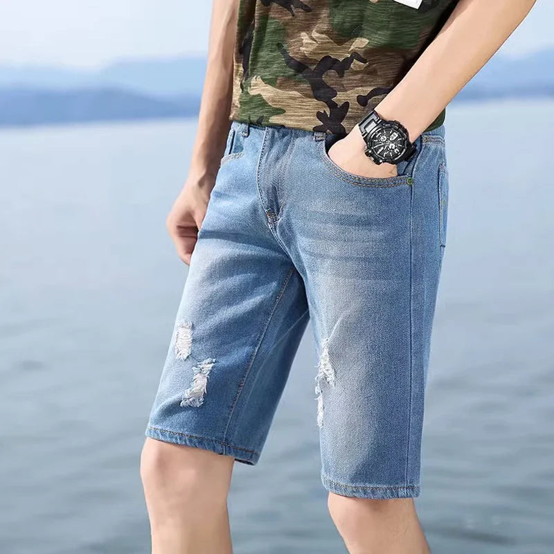 Summer Men Personalized Washable Perforated Denim Pants