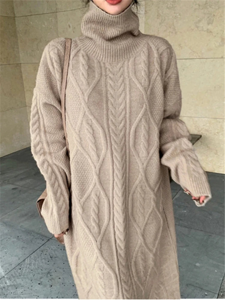 Winter Oversize Turtleneck Knitted Women Dresses