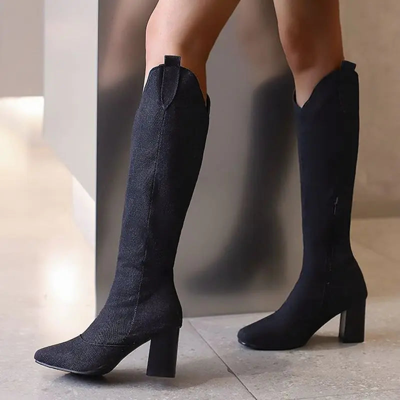 Denim Western style Knee High Boots with Square Toe, Block Heels 7cm, Zipper 
Cowboy Casual Female Booties