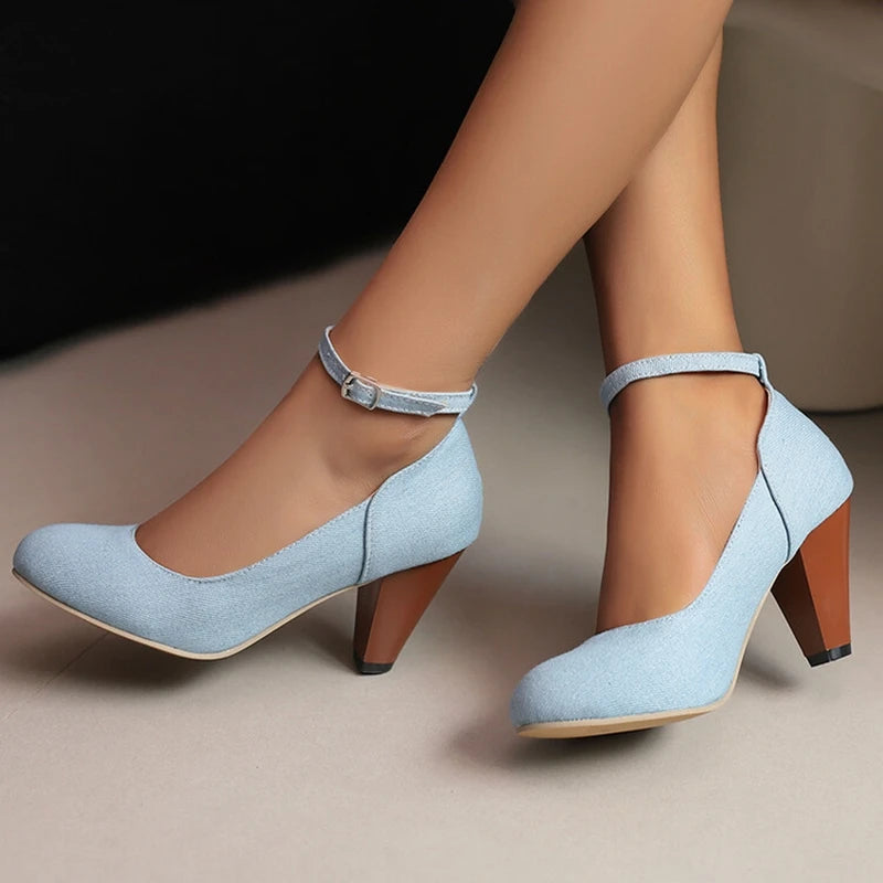 Women Pumps Pointed Toe, 7.5cm Spike Heel, Denim Fabric, Office Ankle Strap