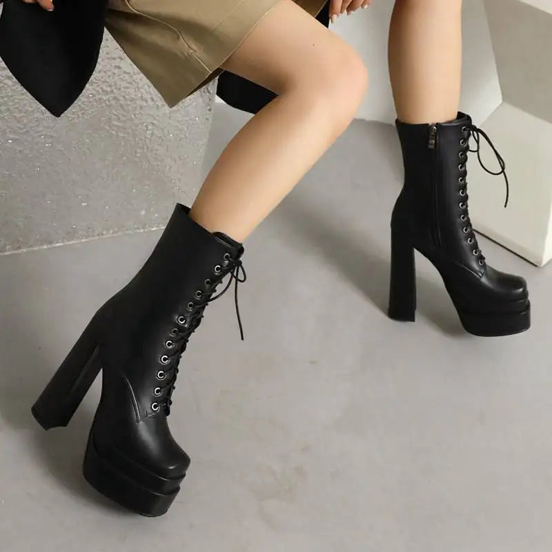 Ladies Mid Calf Boots 18cm with Square Toe, Block Heels 14cm
Double Platform 5cm, Zipper Lace Up Female Booties