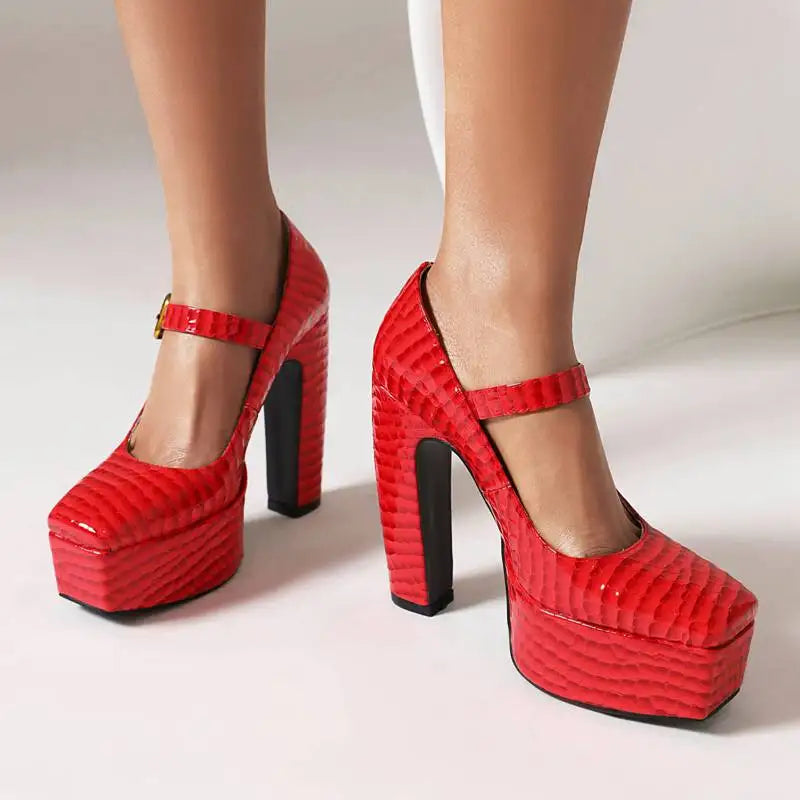 Female Pumps Square Toe Block Heel 13.5cm Platform 5cm