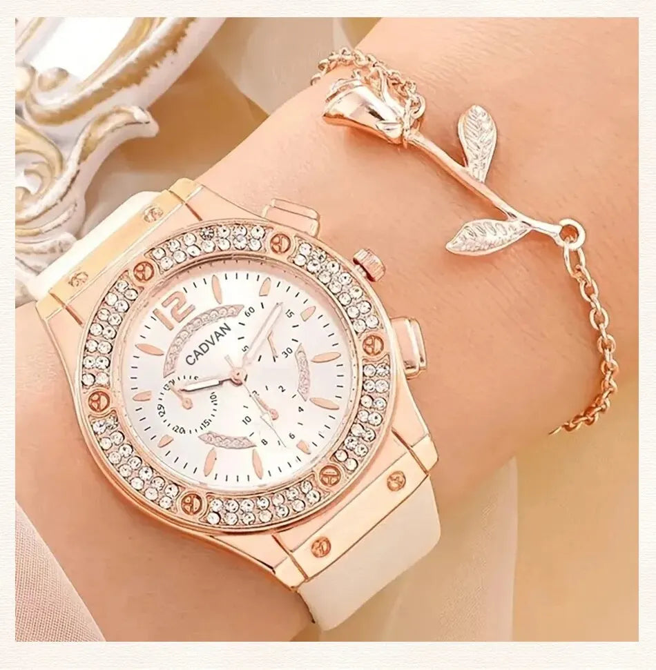 Set Luxury Rhinestone Women Fashion Elegant Wristwatch Quartz Watch