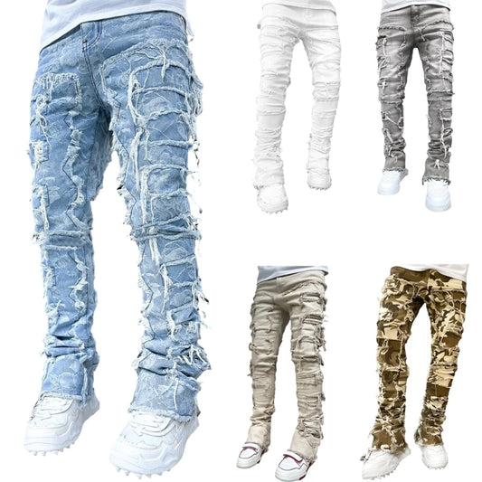 Men Stacked Jeans, Fit Ripped Jeans Destroyed Straight Denims Pants 
Vintage Hip Hop Trouser Streetwear