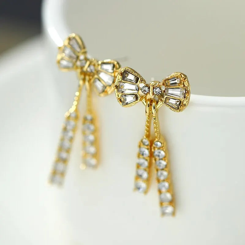 Gold-Color Shiny Bow Dangle Earrings