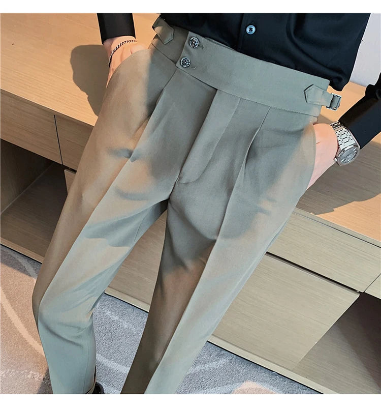 Men Dress Suit Pants, Striped Plaid British Style, High Waist Casual Belt Design 
Slim Trousers, Formal, Office, Social, Wedding, Party