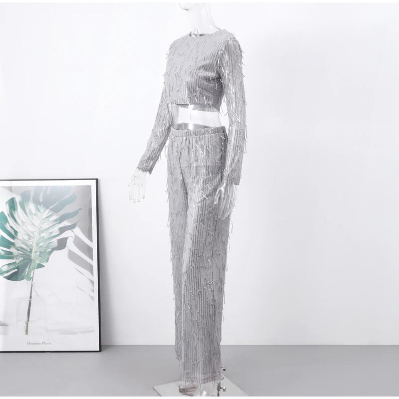 2 Piece Set Spring Silver Bright Silk O-neck Crop Tops with Wide Leg Pant