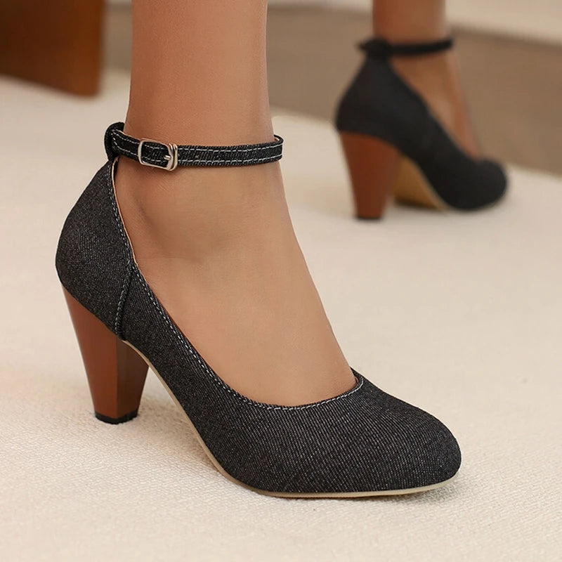 Women Pumps Pointed Toe, 7.5cm Spike Heel, Denim Fabric, Office Ankle Strap