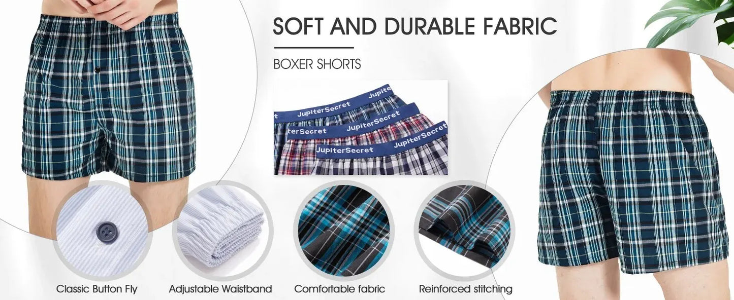 6 Pcs Boxer Shorts, Casual Plaid Elastic Waistband Button 
Men Underwear Woven Shorts