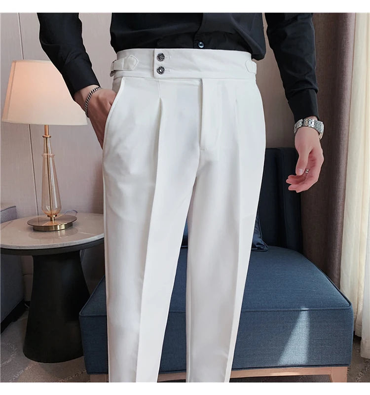 Men Dress Suit Pants, Striped Plaid British Style, High Waist Casual Belt Design 
Slim Trousers, Formal, Office, Social, Wedding, Party