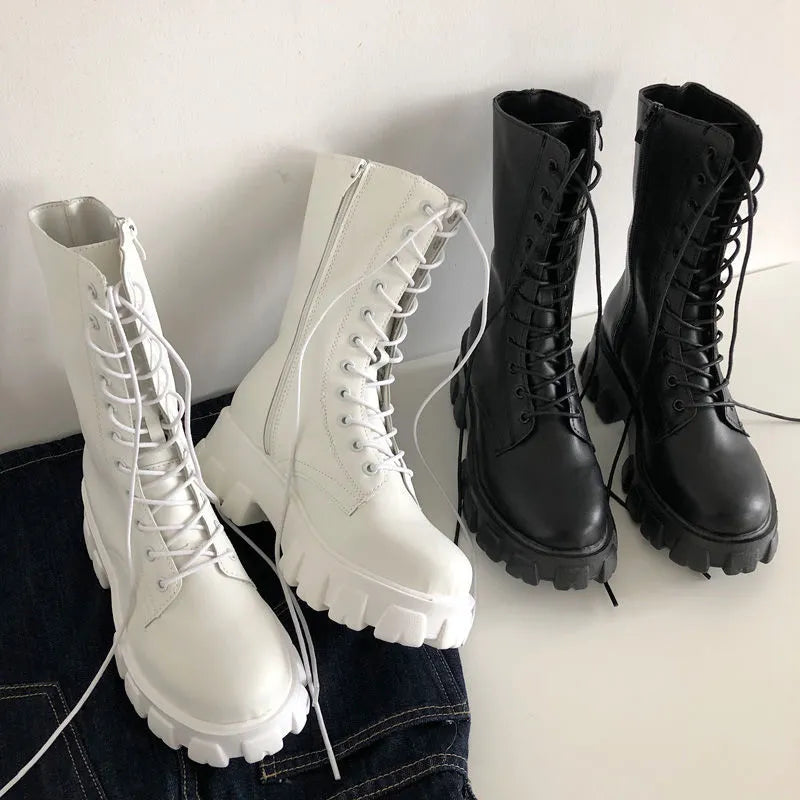 New Mid Calf Boots Women Autumn Winter Fashion Lace-up Zipper