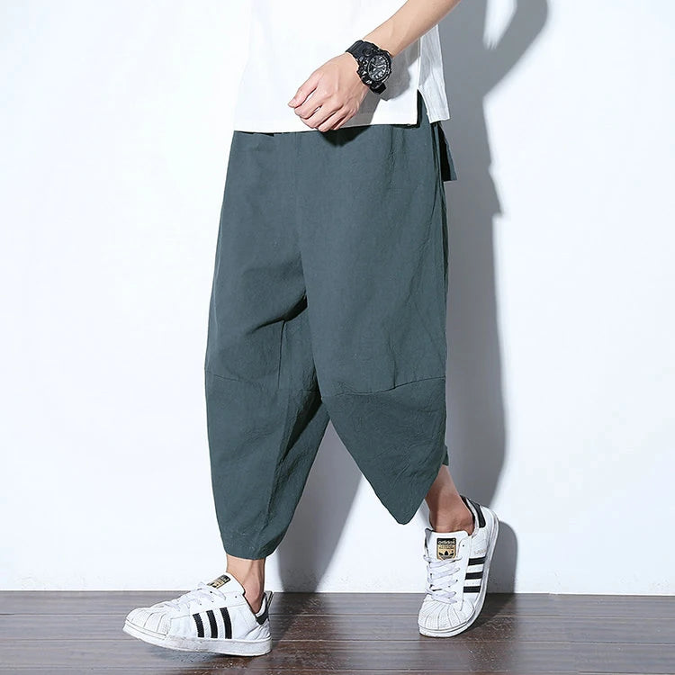 Summer Loose Calf Length Casual Pants for Men 
Wide Leg Cotton Linen Printing Baggy Pants