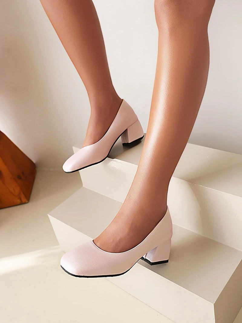 Women Pumps Square Toe Thick Heels Slip On